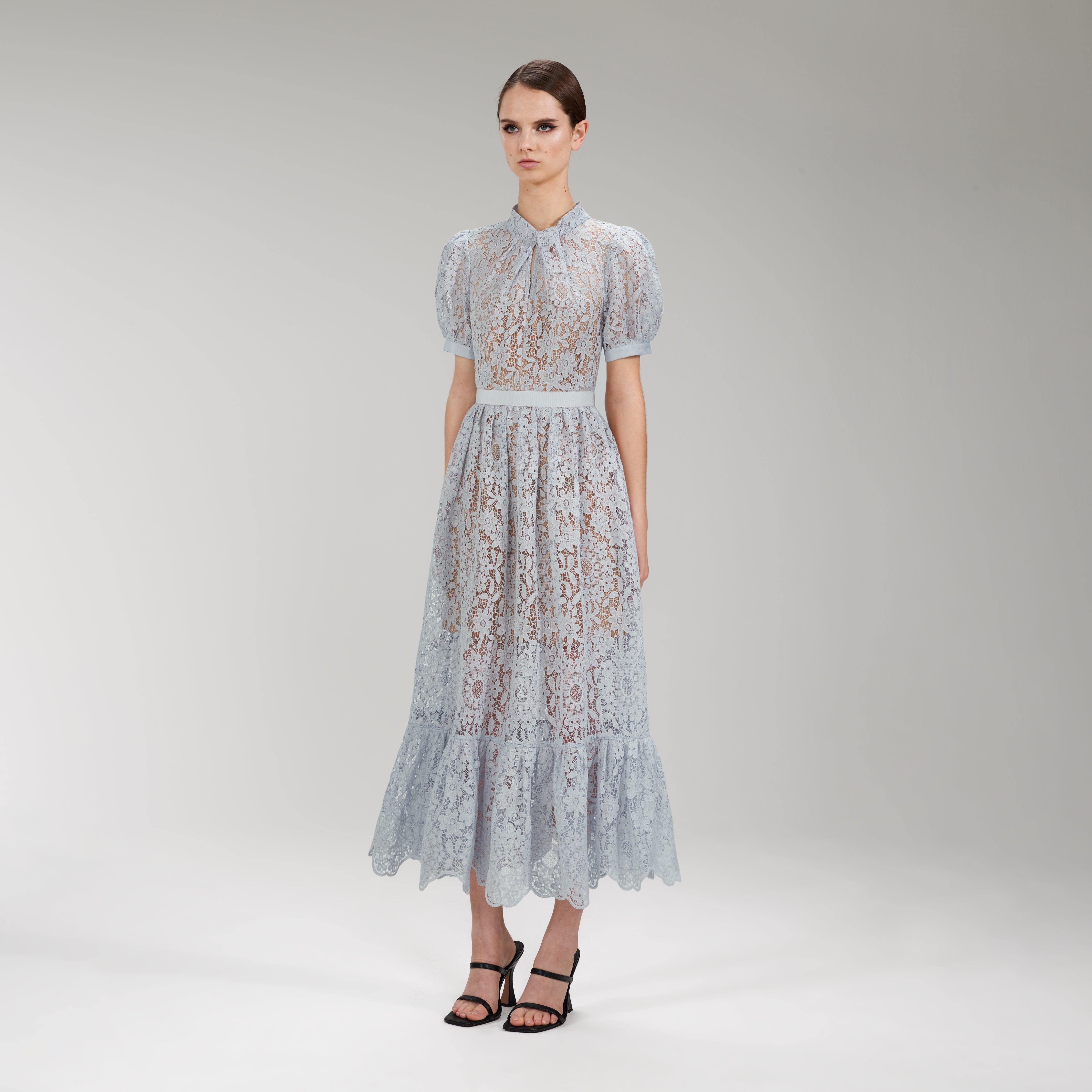 Blue Guipure Lace Midi Dress | self ...